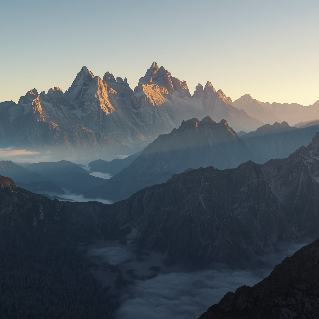 A majestic mountain range at sunrise with jagged peaks glowing in golden light, mist settling in the valleys, creating a serene and adventurous atmosphere, photorealistic high quality